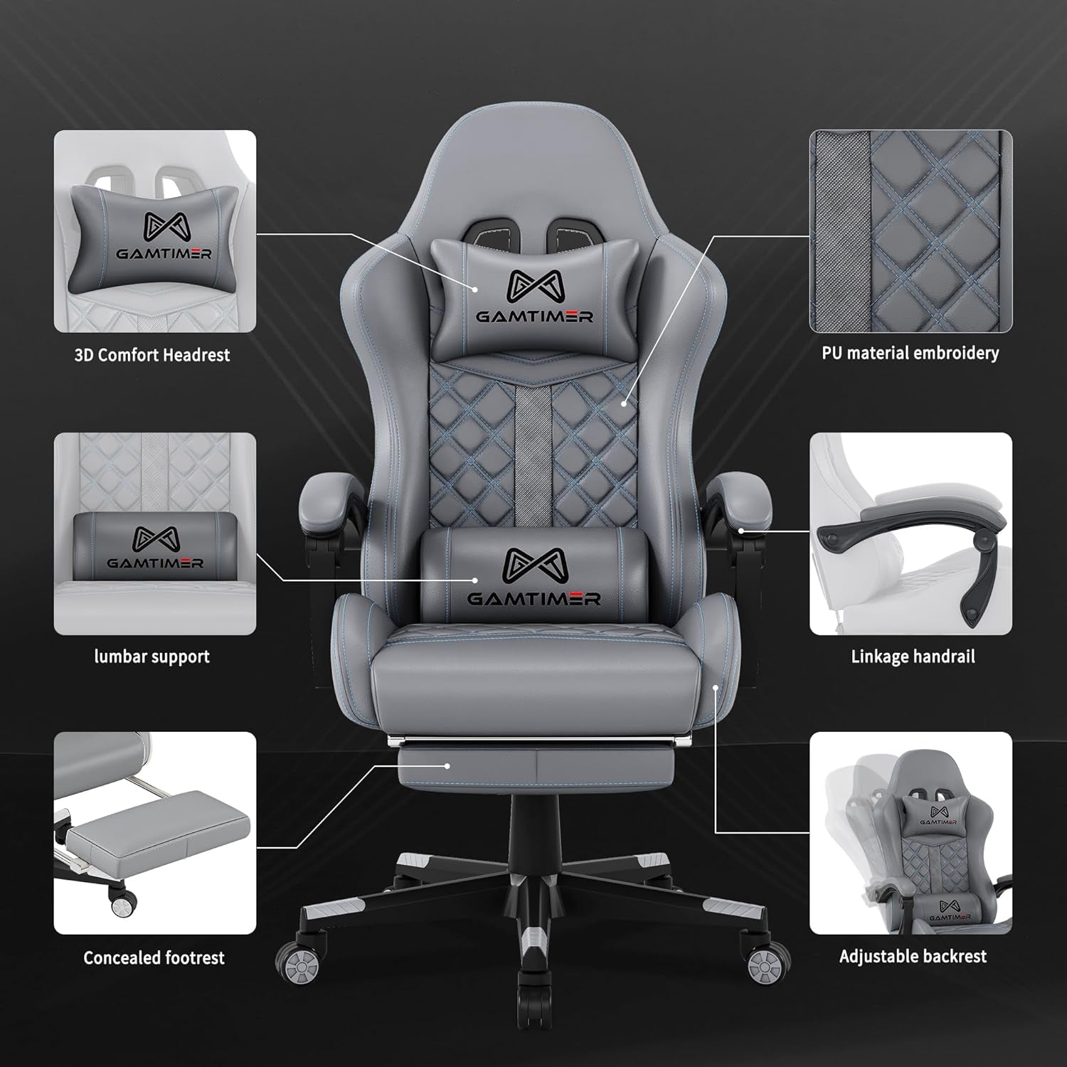 Gaming Chair, 400 Lbs Adult Chair, High Back Computer Chair with Footrest and Linked Armrests, Office Video Game Chair with Lumbar Support (Grey)