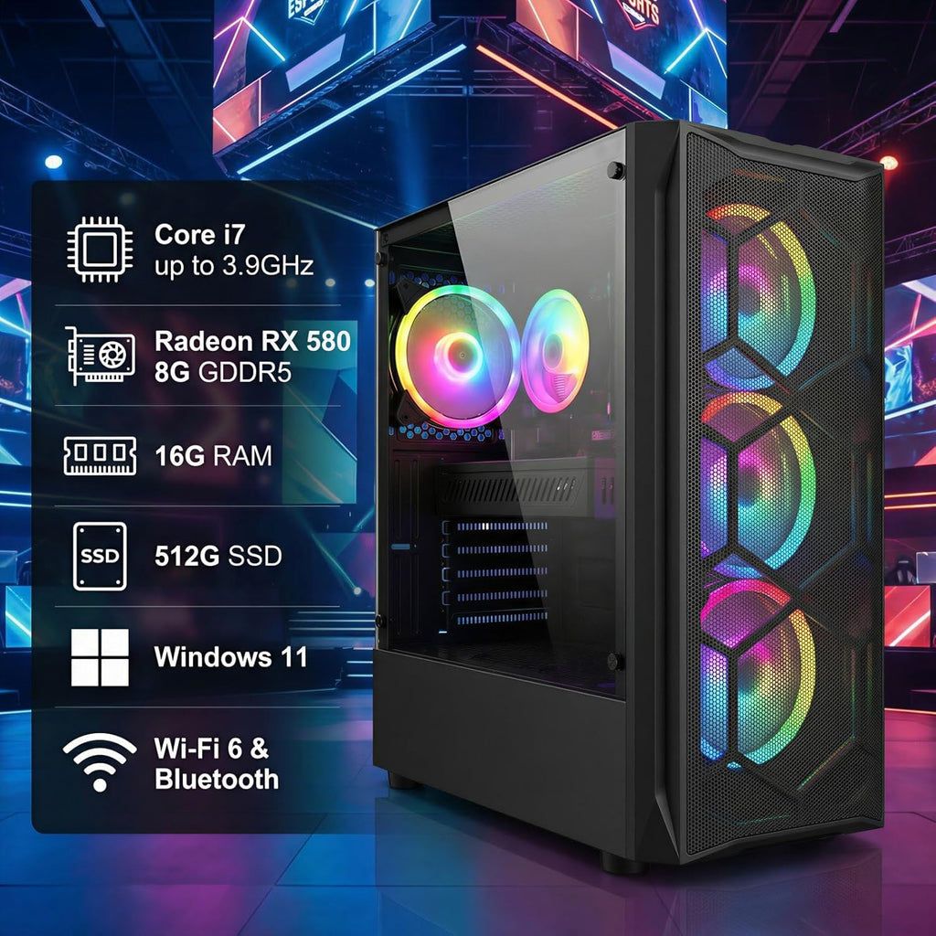 Gaming PC Desktop Computer, Intel Core I7 up to 3.9Ghz, Radeon RX 580 8G, 16G RAM, 512G SSD, Wifi 6, BT 5.0, RGB Fan X4, Windows 11 Home