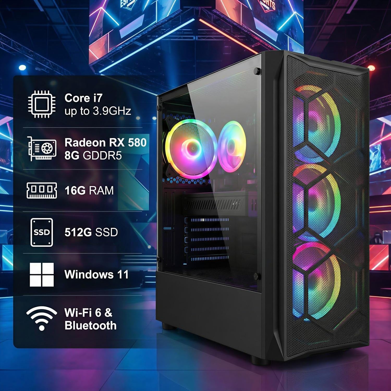 Gaming PC Desktop Computer, Intel Core I7 up to 3.9Ghz, Radeon RX 580 8G, 16G RAM, 512G SSD, Wifi 6, BT 5.0, RGB Fan X4, Windows 11 Home
