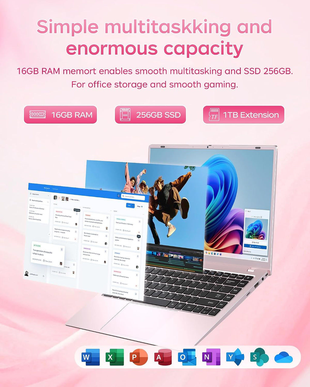 15.6 Inch Pink Laptop with Pentium Gold 6500Y(Up to 3.4Ghz), 16GB RAM 256GB SSD,1080P Full HD, Usb-C,Wifi 5,Bt5.0,Pink Computer Laptops for School, Business