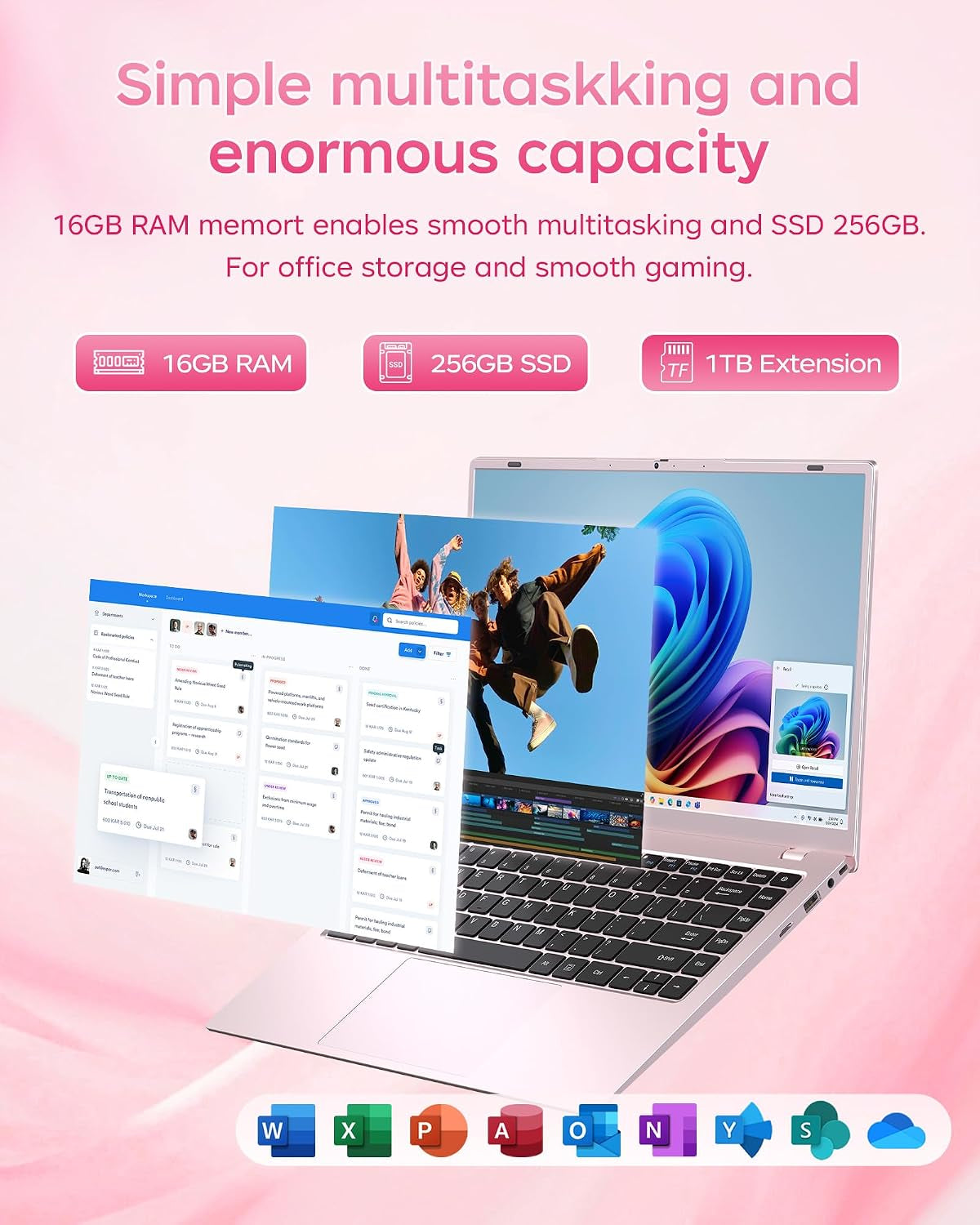 15.6 Inch Pink Laptop with Pentium Gold 6500Y(Up to 3.4Ghz), 16GB RAM 256GB SSD,1080P Full HD, Usb-C,Wifi 5,Bt5.0,Pink Computer Laptops for School, Business