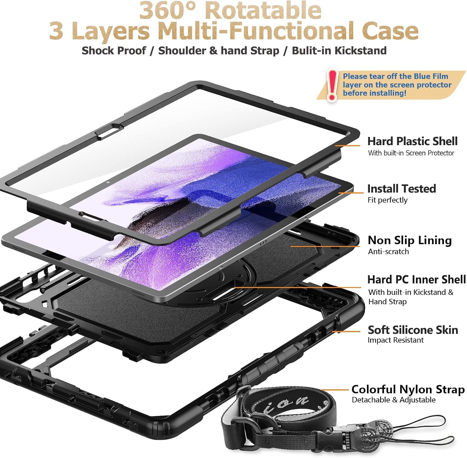 Case for Samsung Galaxy Tab S7 FE / S8 plus 5G Case 12.4'' with Screen Protector Pencil Holder [360 Rotating Hand Strap] &Stand, Drop-Proof, Black