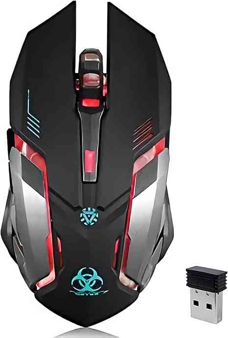 Gaming mouse with colorful LED lights, programmable buttons, and ergonomic shape
