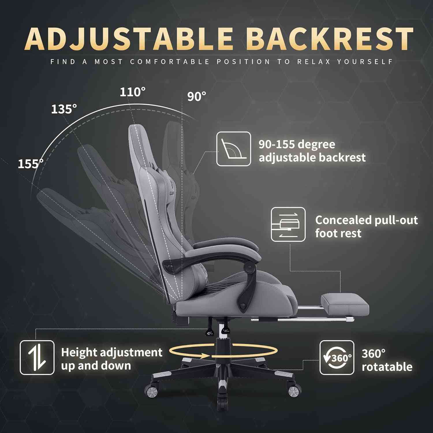 Gaming Chair, 400 Lbs Adult Chair, High Back Computer Chair with Footrest and Linked Armrests, Office Video Game Chair with Lumbar Support (Grey)