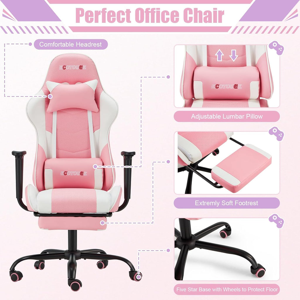 PC Gaming Chair Massage Ergonomic Office Desk Chair Racing PU Leather Recliner Swivel Rocker with Headrest and Lumbar Pillow, Pink-White