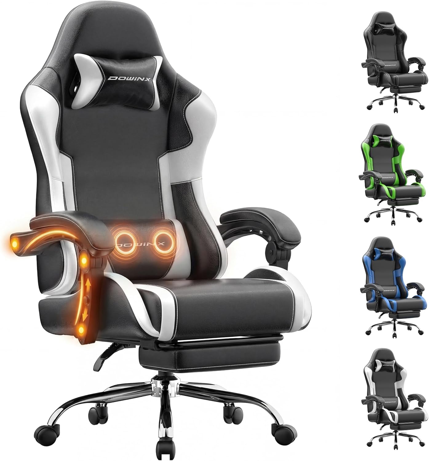 Gaming Chair Ergonomic, Massage Lumbar Support, Footrest, Adjustable Height & Headrest Pillow, Heavy Duty 330Lbs Office Chair, Comfortable for Back Pain Relief Long Gaming Streaming Black White