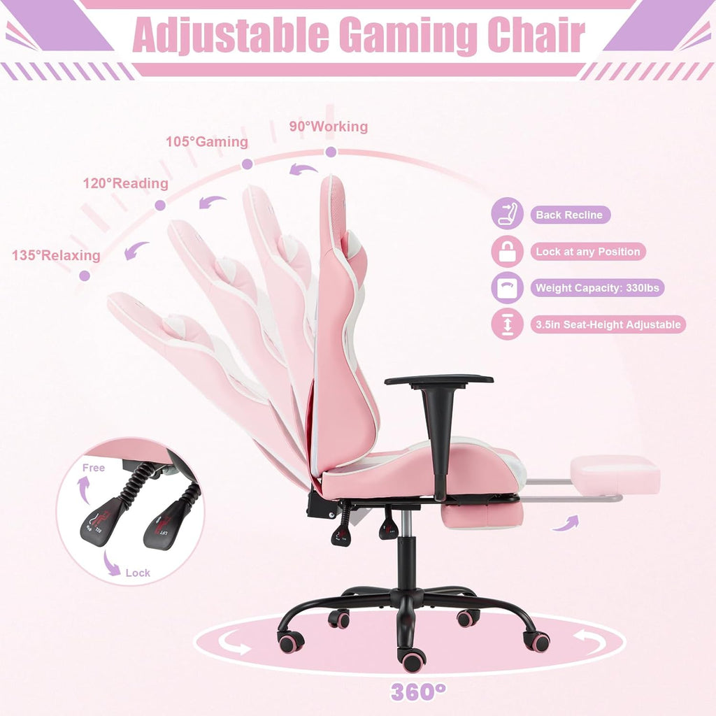 PC Gaming Chair Massage Ergonomic Office Desk Chair Racing PU Leather Recliner Swivel Rocker with Headrest and Lumbar Pillow, Pink-White