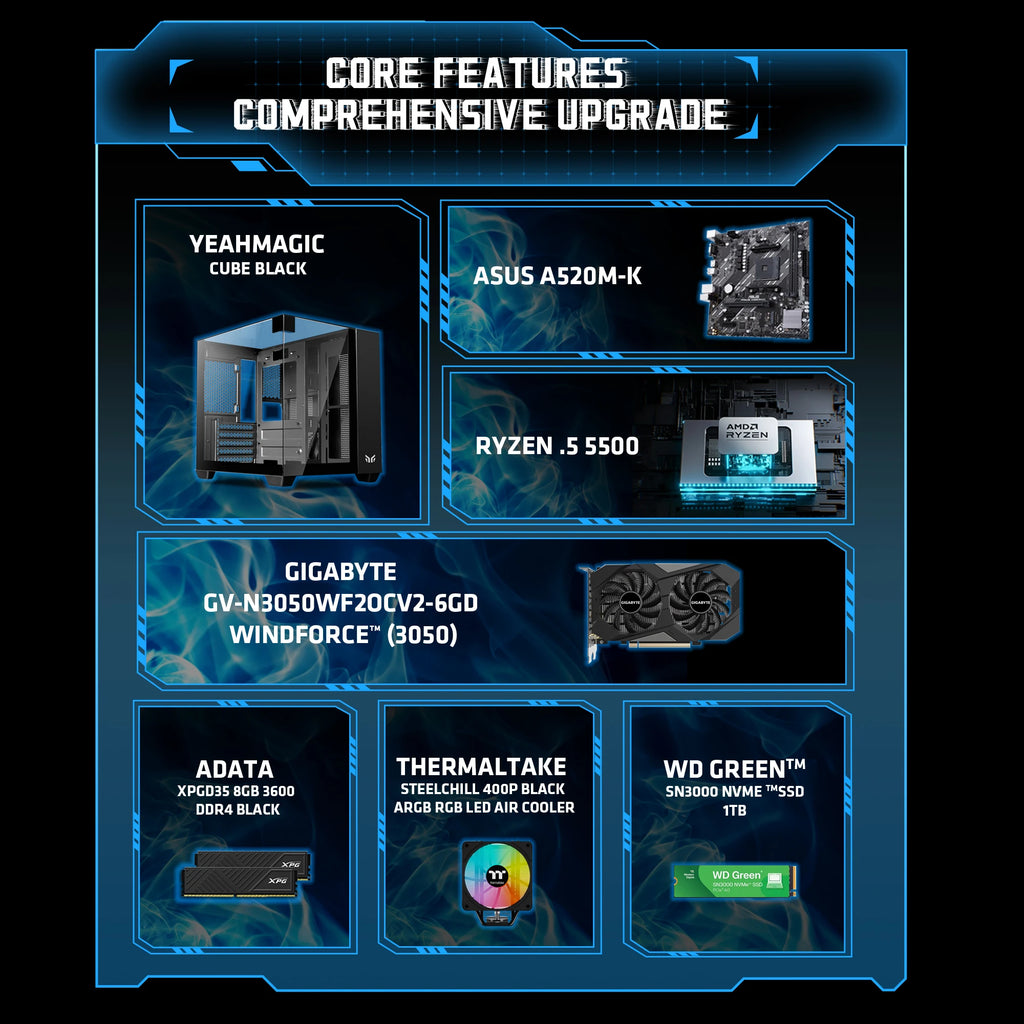 AMD Ryzen 5 5500 Gaming Desktop 16GB(8G*2) DDR4 3600 1T NVME SSD 3050 Graphics Card Win11 Home Gamer Desktop PC in US