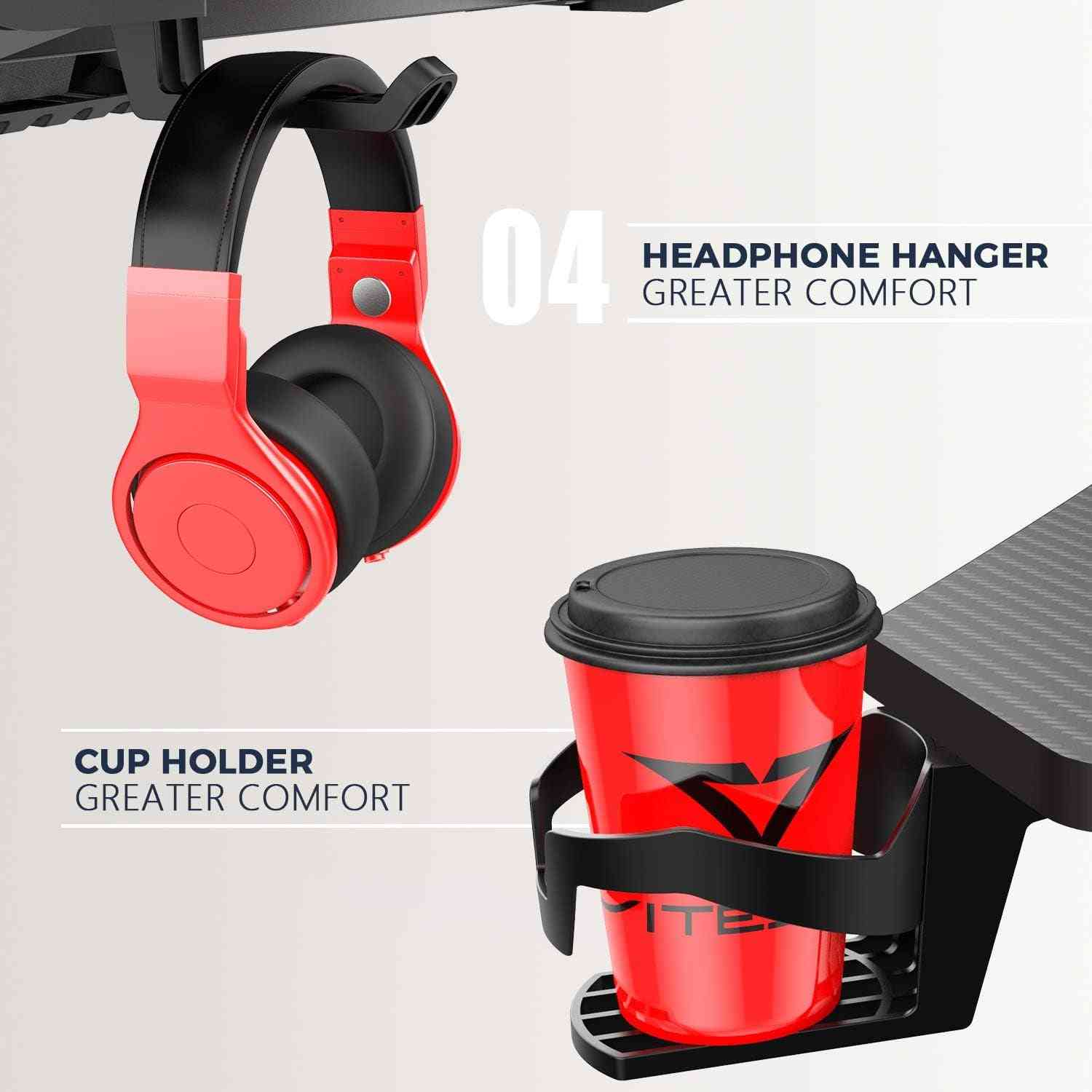 Ergonomic Gaming Desk 55 Inch, Z Shaped Office PC Computer Desk with Mouse Pad, Gamer Tables with Gaming Handle Rack, Cup Holder Headphone Hook