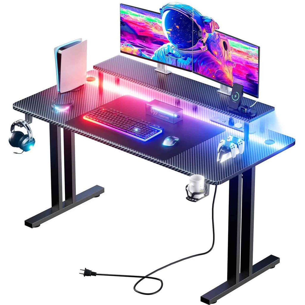 55 Inch Gaming Desk with LED Lights & Power Outlet, Computer Gamer Desk with Monitor Stand