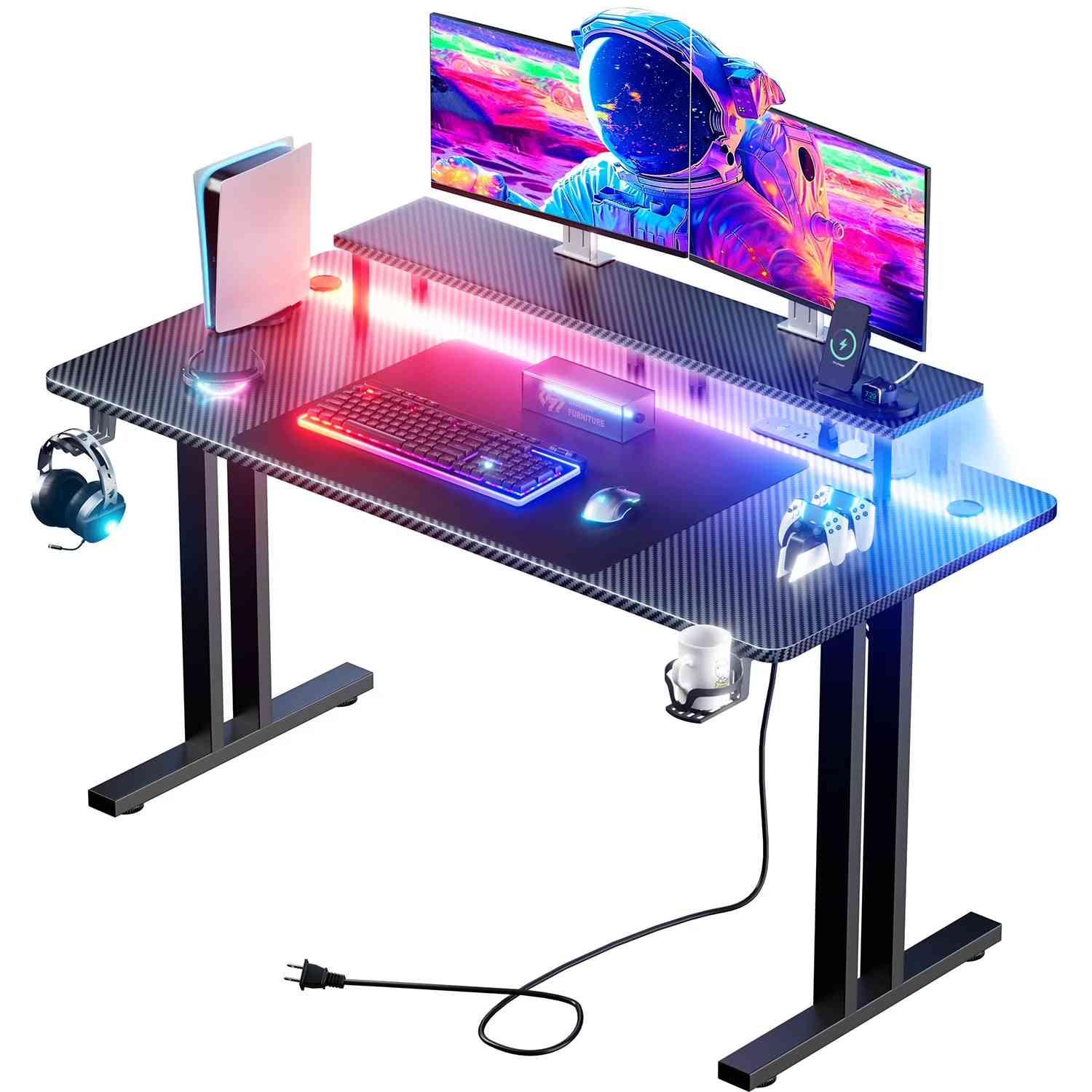55 Inch Gaming Desk with LED Lights & Power Outlet, Computer Gamer Desk with Monitor Stand