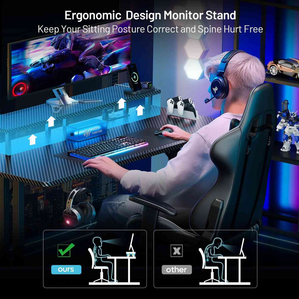 55 Inch Gaming Desk with LED Lights & Power Outlet, Computer Gamer Desk with Monitor Stand