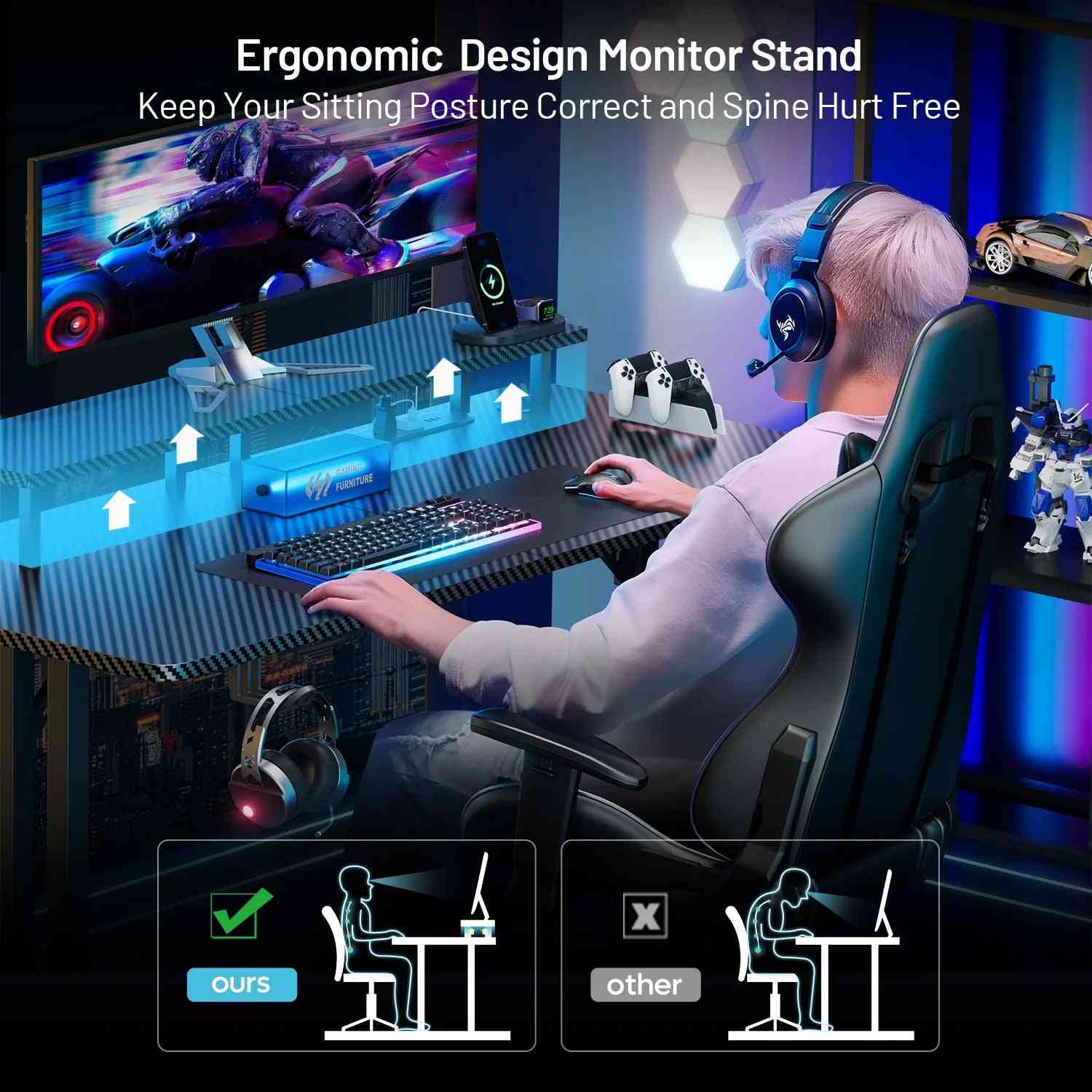 55 Inch Gaming Desk with LED Lights & Power Outlet, Computer Gamer Desk with Monitor Stand
