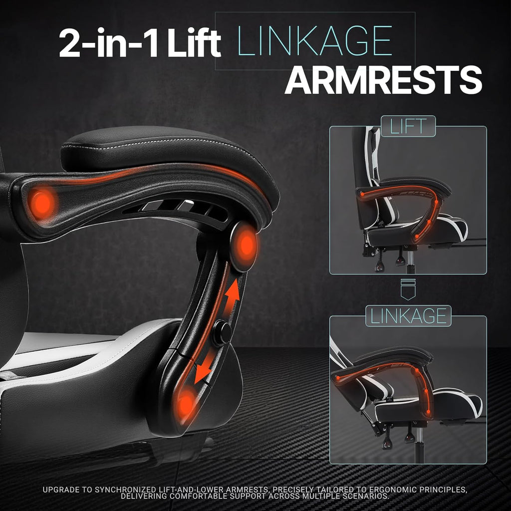 Gaming Chair Ergonomic, Massage Lumbar Support, Footrest, Adjustable Height & Headrest Pillow, Heavy Duty 330Lbs Office Chair, Comfortable for Back Pain Relief Long Gaming Streaming Black White