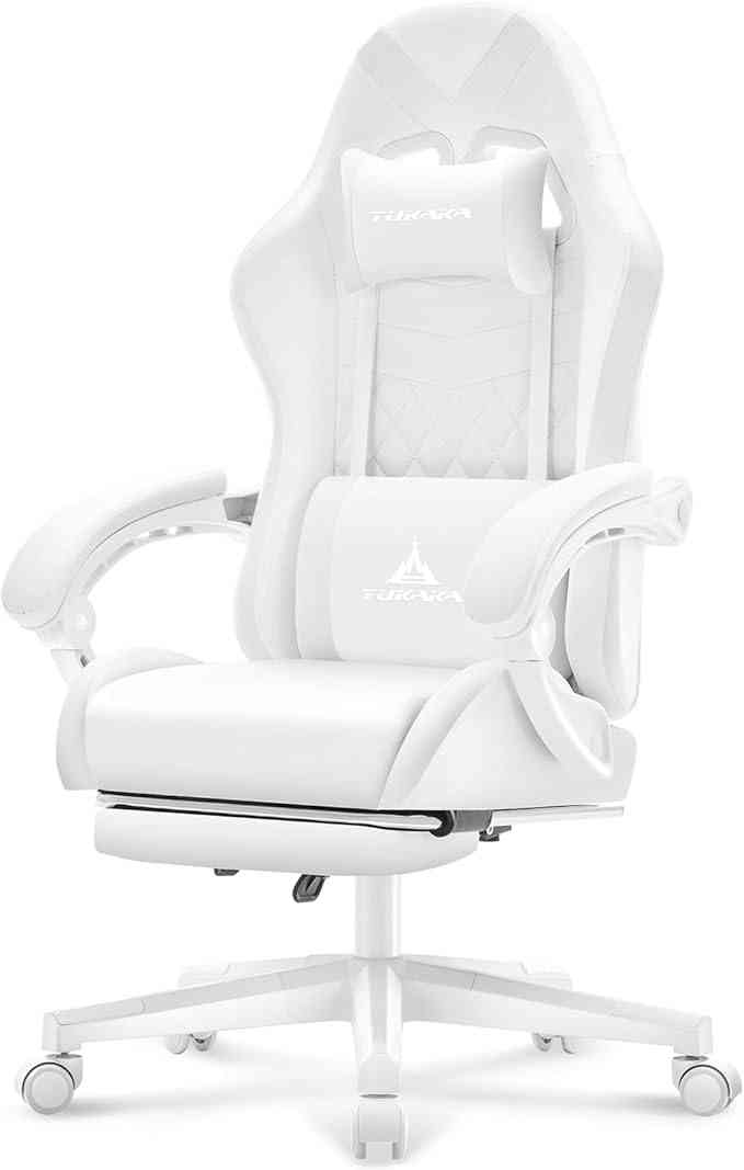 White ergonomic gaming chair with massage function, adjustable footrest, and quilted leather upholstery