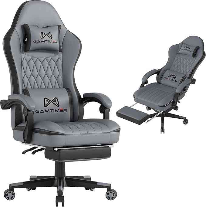 Gamtimer ergonomic office chair with lumbar support and adjustable footrest, gray leather design