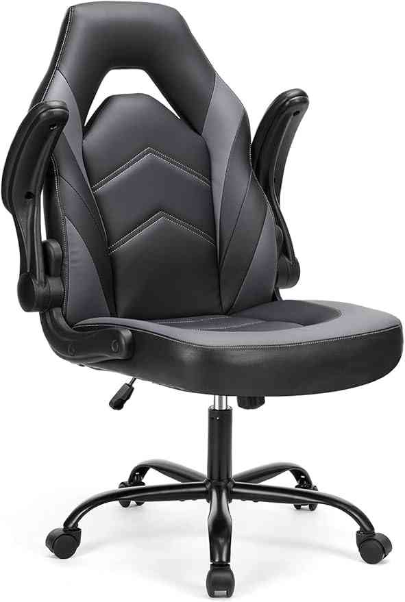 Black ergonomic gaming office chair with lumbar support, adjustable armrests, and rolling base