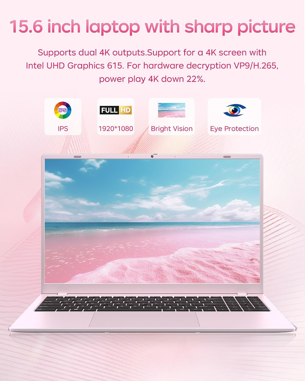 15.6 Inch Pink Laptop with Pentium Gold 6500Y(Up to 3.4Ghz), 16GB RAM 256GB SSD,1080P Full HD, Usb-C,Wifi 5,Bt5.0,Pink Computer Laptops for School, Business
