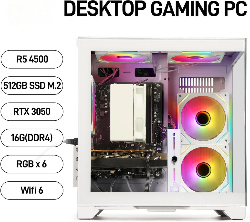 Gaming PC Desktop Ryzen 5 4500 | Geforce RTX 3050 6GB | 16GB DDR4 RAM | 512GB Nvme SSD | Wifi 6 | Tower PC for Gaming, Productivity, Streaming, Home Office