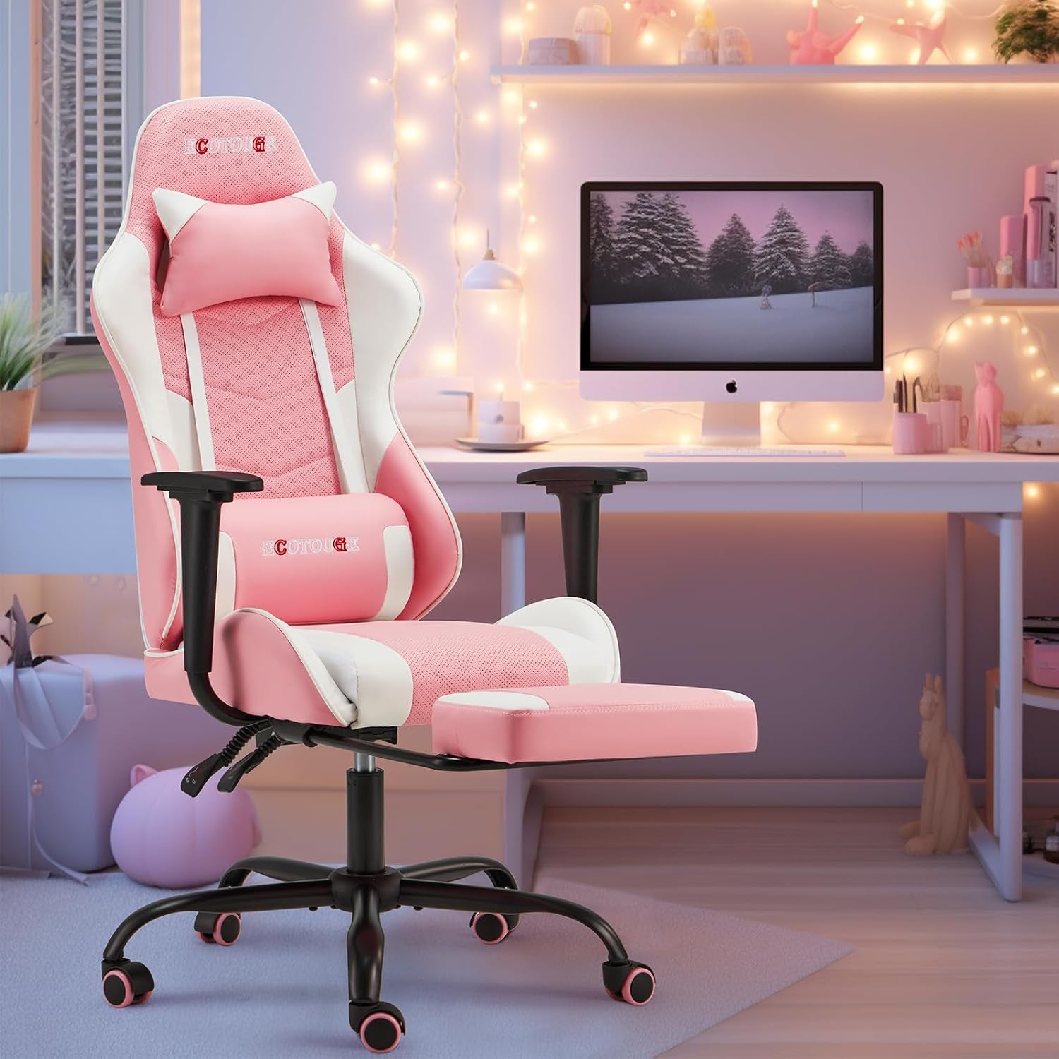 PC Gaming Chair Massage Ergonomic Office Desk Chair Racing PU Leather Recliner Swivel Rocker with Headrest and Lumbar Pillow, Pink-White