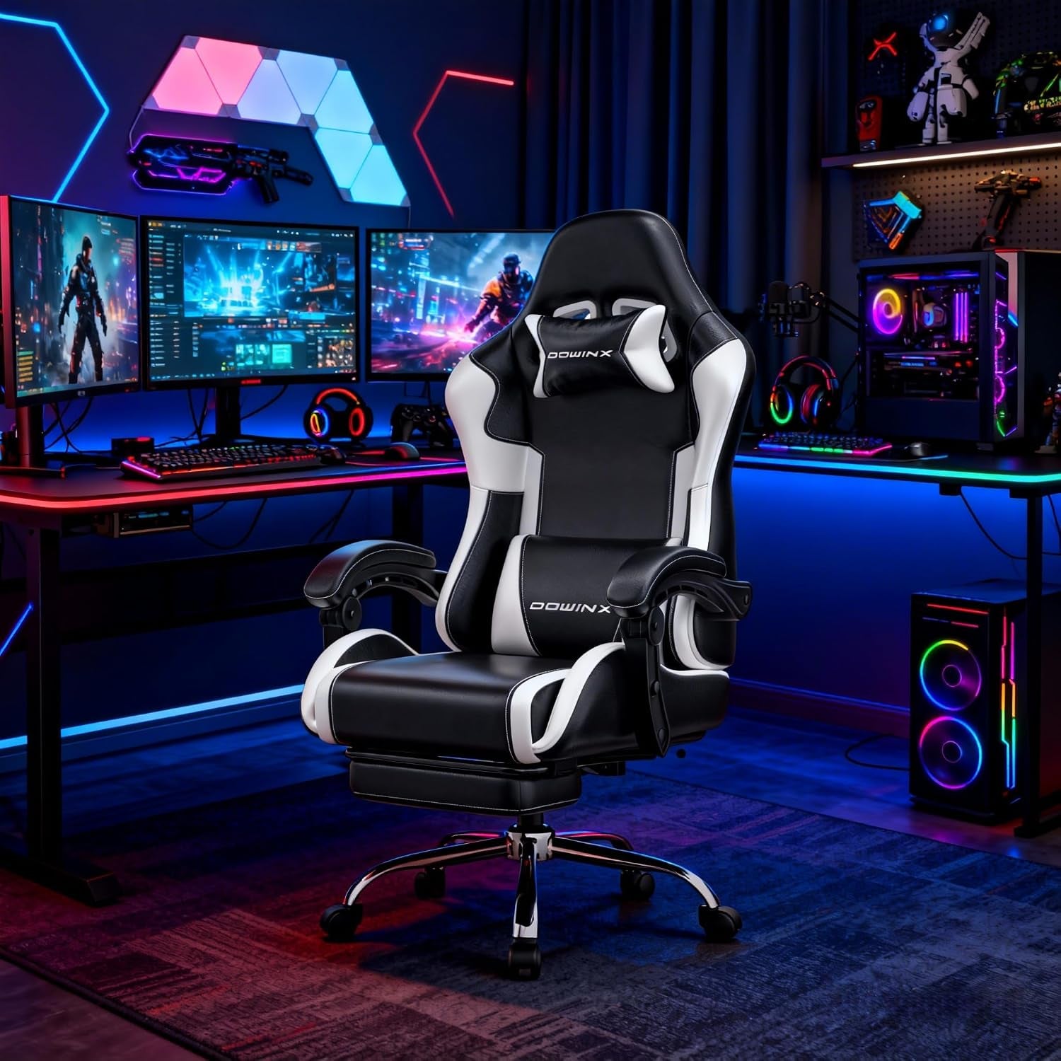 Gaming Chair Ergonomic, Massage Lumbar Support, Footrest, Adjustable Height & Headrest Pillow, Heavy Duty 330Lbs Office Chair, Comfortable for Back Pain Relief Long Gaming Streaming Black White