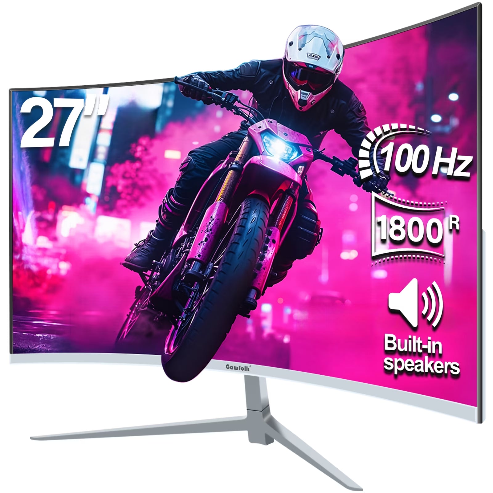 27 Inch Curved Monitor 100Hz, PC White Computer Gaming Monitor FHD 1080P, 1800R, Frameless, Built-In Speakers