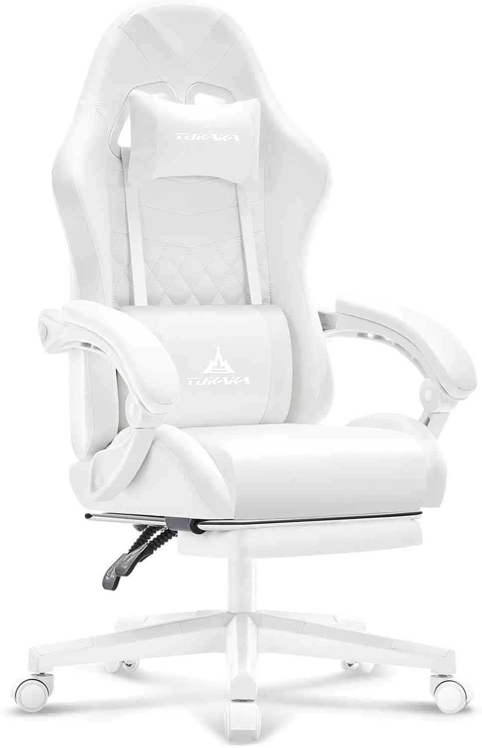 White gaming chair with ergonomic massage features, adjustable footrest, and quilted leather upholstery