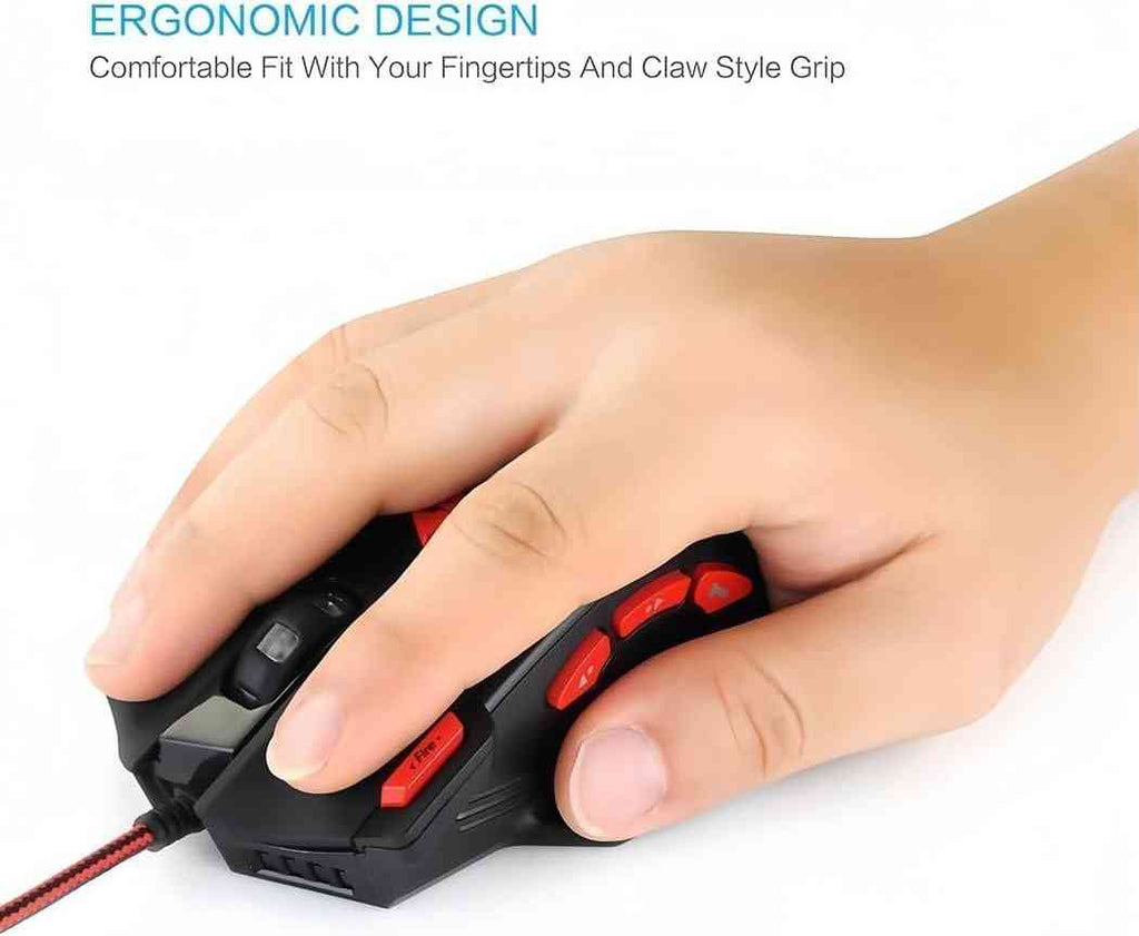 Gaming mouse with ergonomic design and red and black color scheme