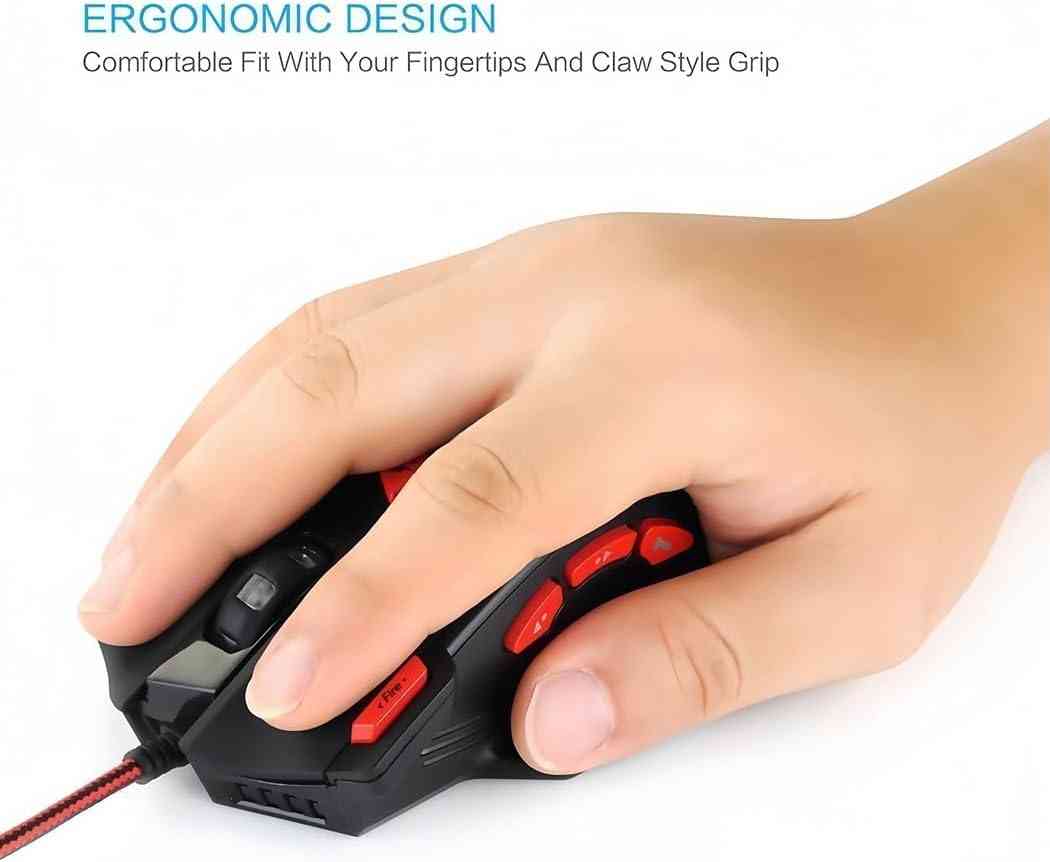 Gaming mouse with ergonomic design and red and black color scheme