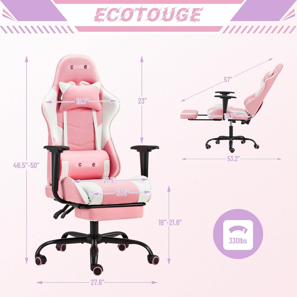 PC Gaming Chair Massage Ergonomic Office Desk Chair Racing PU Leather Recliner Swivel Rocker with Headrest and Lumbar Pillow, Pink-White