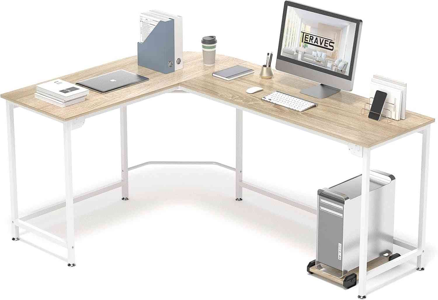 Modern L-Shaped Desk 66'' Corner Computer Desk Home Office Study Workstation Wood & Steel PC Laptop Gaming Table