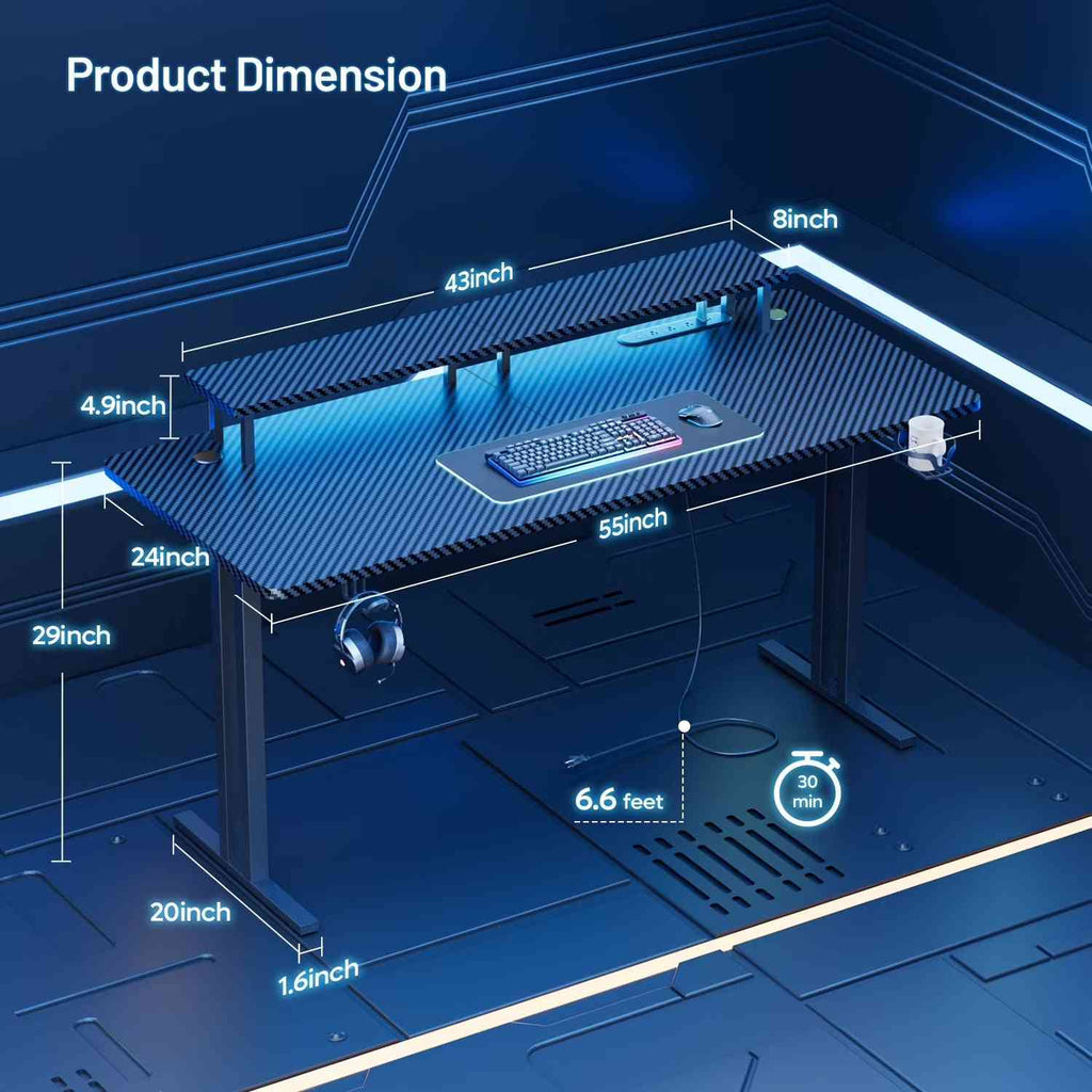55 Inch Gaming Desk with LED Lights & Power Outlet, Computer Gamer Desk with Monitor Stand