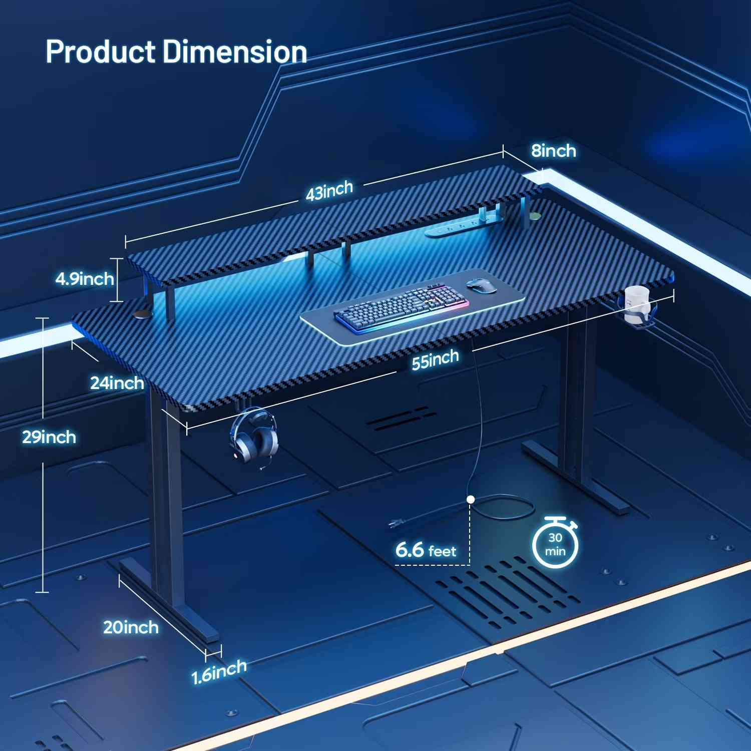 55 Inch Gaming Desk with LED Lights & Power Outlet, Computer Gamer Desk with Monitor Stand