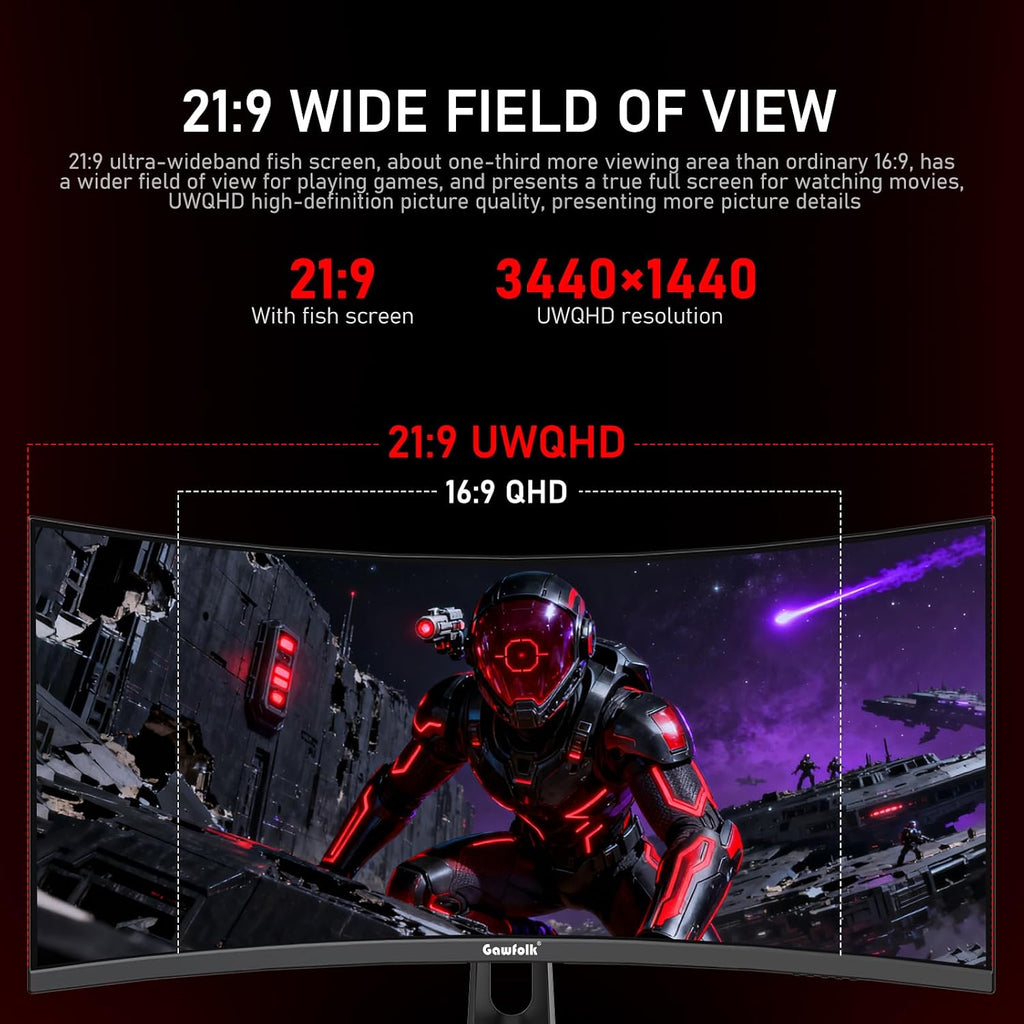 34 Inch Ultrawide Curved 180Hz Gaming Computer Monitor,1500R PC Screen 21:9 UWQHD (3440X1440),120% Srgb,Adaptive Sync,178° Viewing Angle,Display Port、Hdmi,Compatible with Wall Mounting -Black