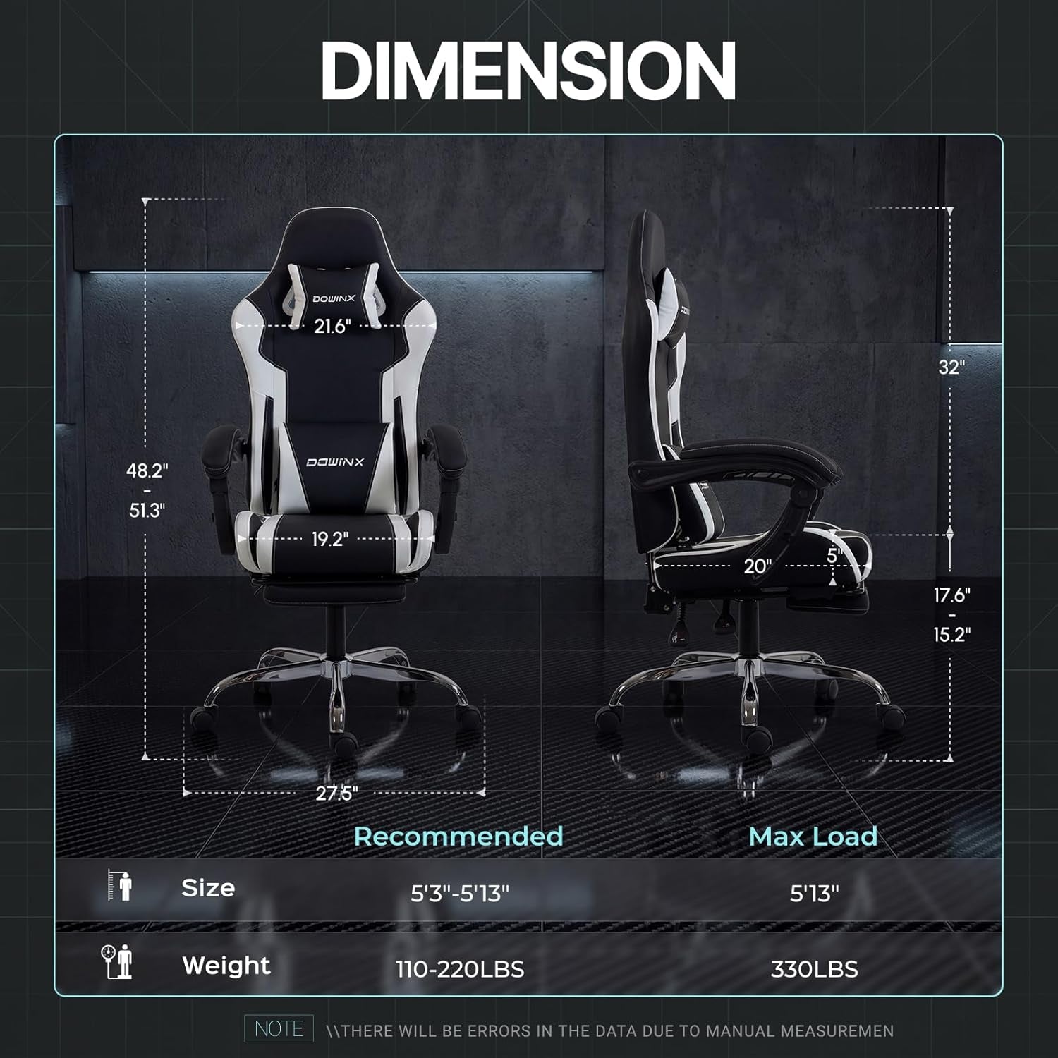 Gaming Chair Ergonomic, Massage Lumbar Support, Footrest, Adjustable Height & Headrest Pillow, Heavy Duty 330Lbs Office Chair, Comfortable for Back Pain Relief Long Gaming Streaming Black White