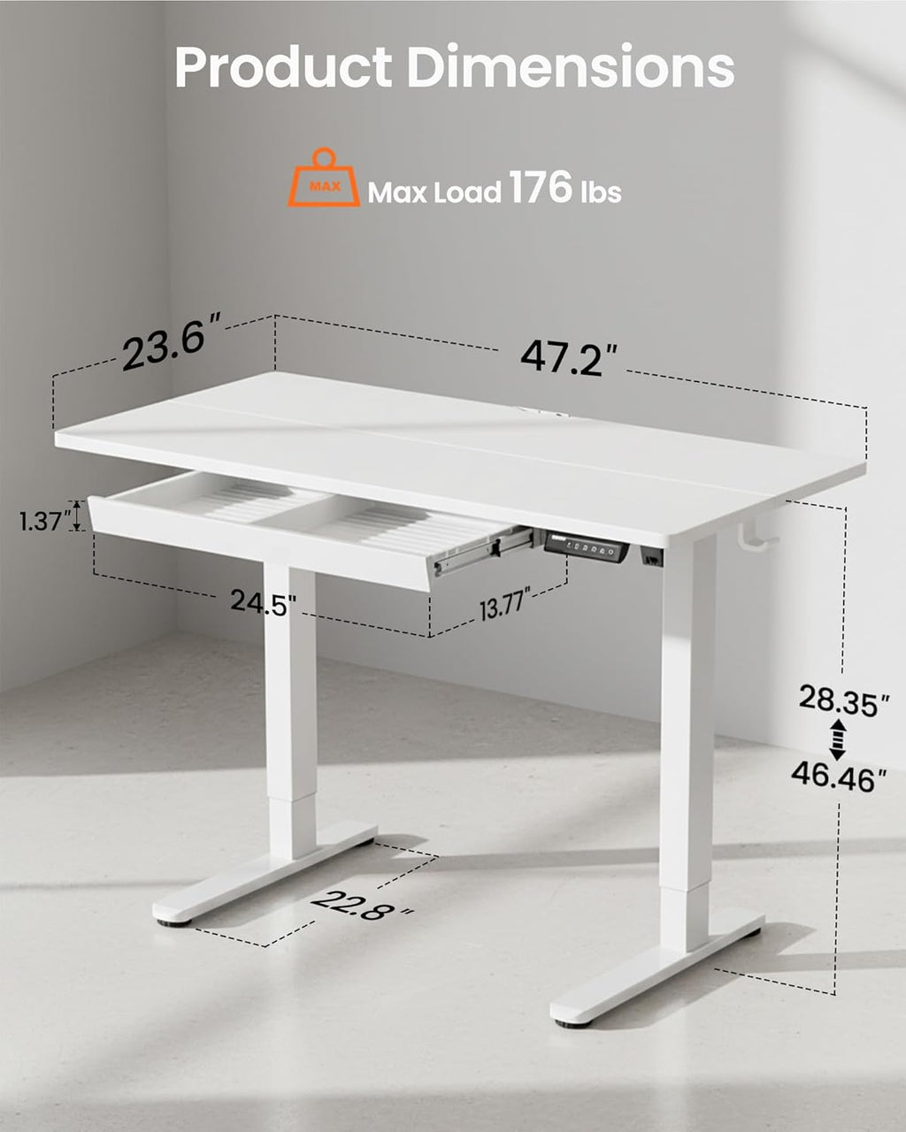 48 X 24 Inch Electric Standing Desk Adjustable Height with Drawers, 4 Memory Height Settings, Sit Stand up Desk for Home Office & Computer Workstation, White