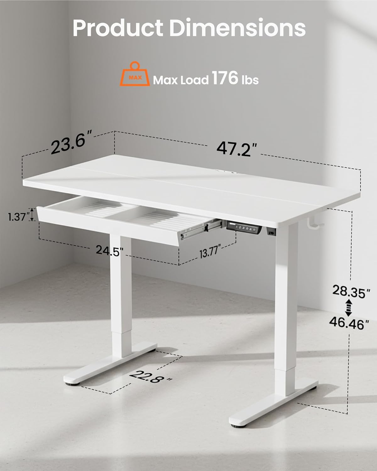 48 X 24 Inch Electric Standing Desk Adjustable Height with Drawers, 4 Memory Height Settings, Sit Stand up Desk for Home Office & Computer Workstation, White