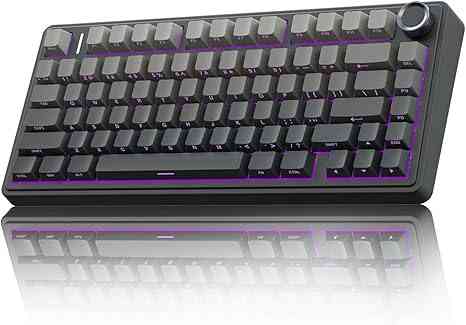 Black wireless mechanical keyboard with purple RGB lighting