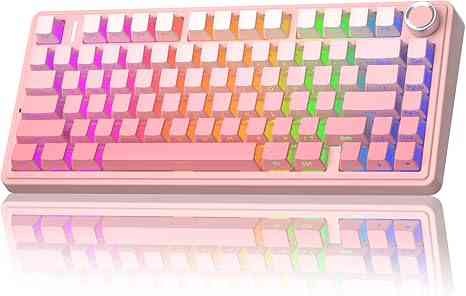 Pink gaming mechanical keyboard with colorful RGB lighting