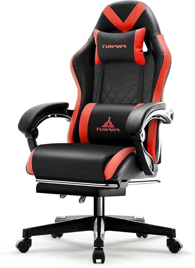 Black and red gaming chair with lumbar support and adjustable headrest