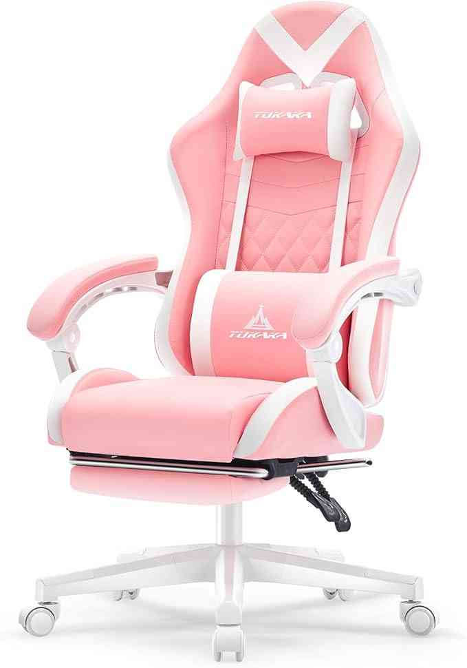 Pink and white gaming chair with plush cushioning and adjustable features