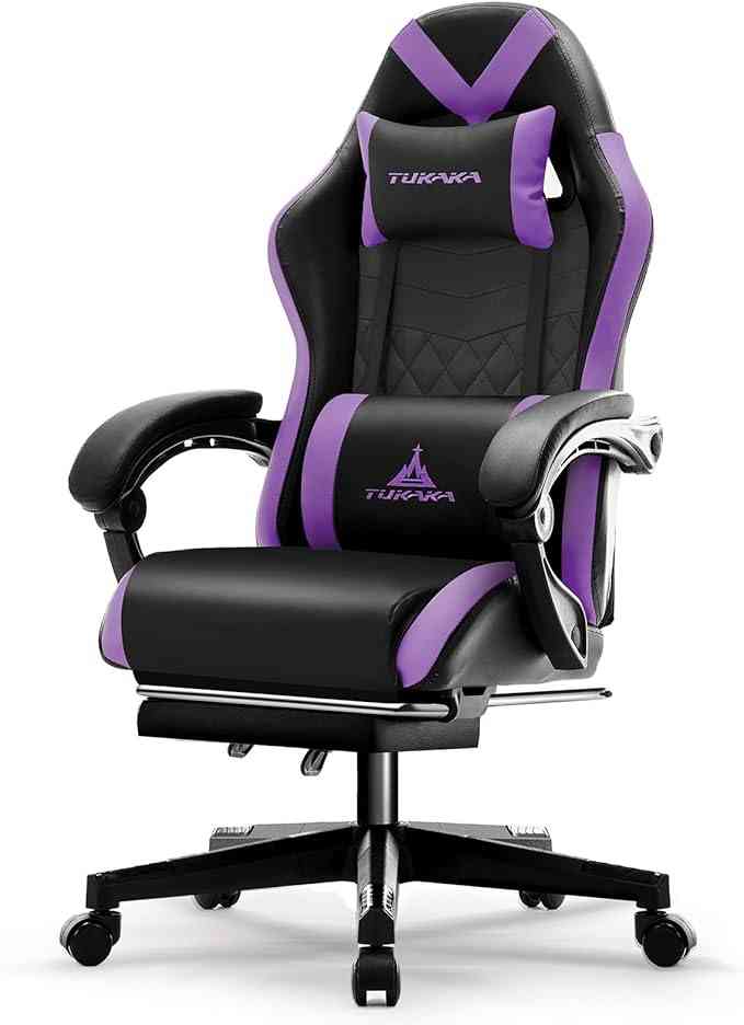 Black and purple gaming chair with ergonomic design and lumbar pillow