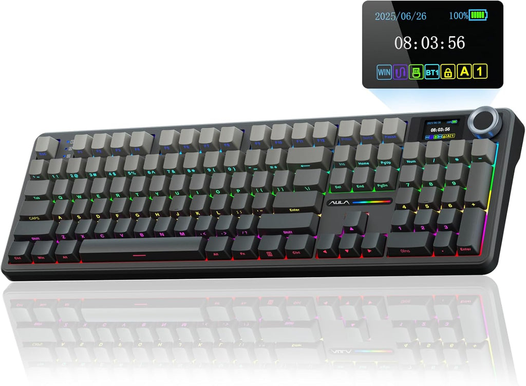 F108 PRO - Wireless Mechanical Keyboard with Screen & Knob,Full Size Keyboard with 8000Mah Battery,Pre-Lubed Switches,Side Printed PBT Keycaps,Rgb Backlit Hot Swappable Custom Gaming Keyboards