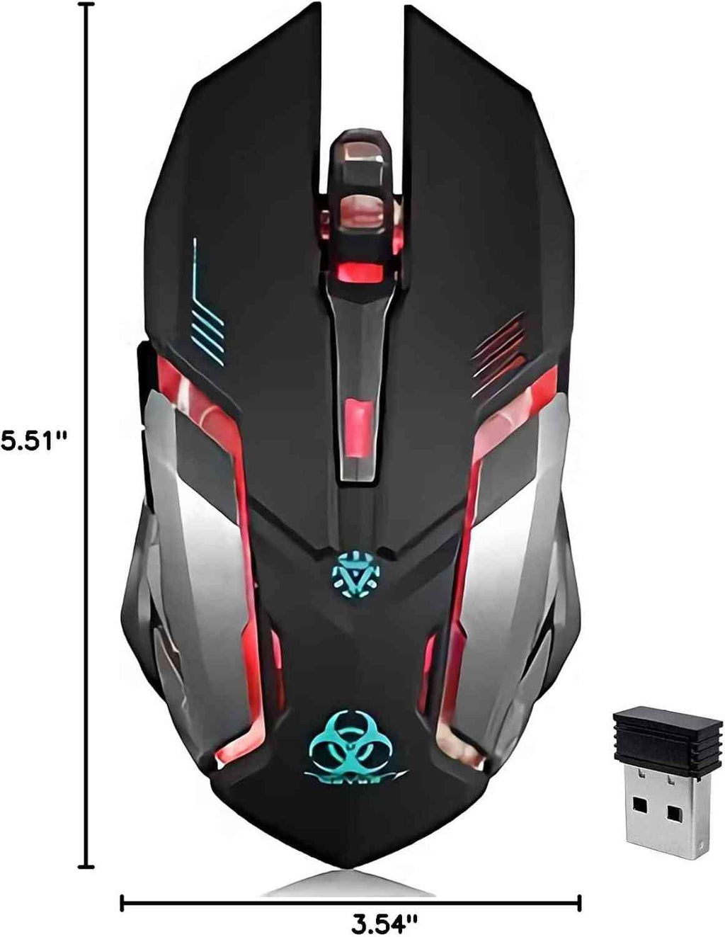 gaming mouse with RGB lighting and wireless USB receiver