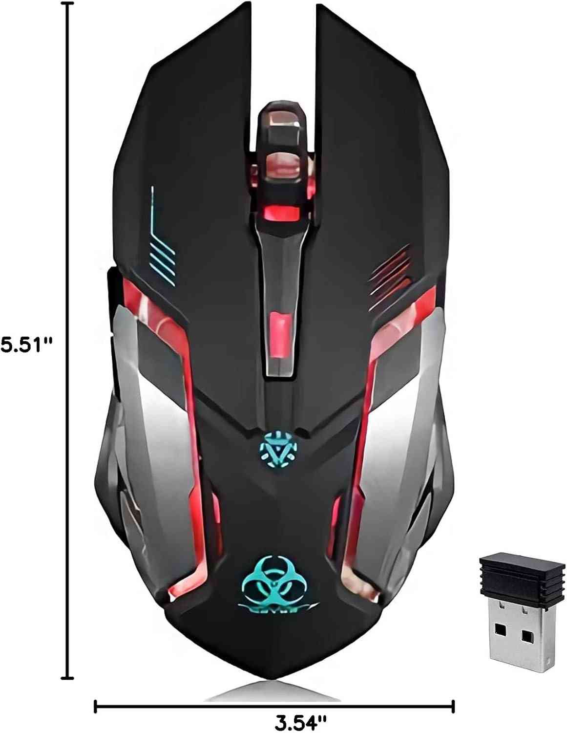 gaming mouse with RGB lighting and wireless USB receiver
