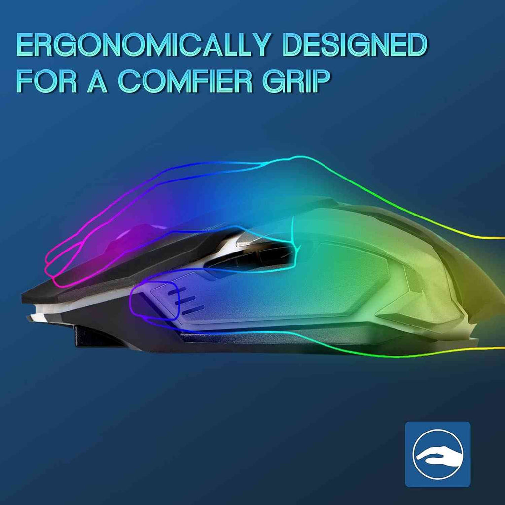 Close-up of gaming mouse with rainbow color animation and customizable lighting