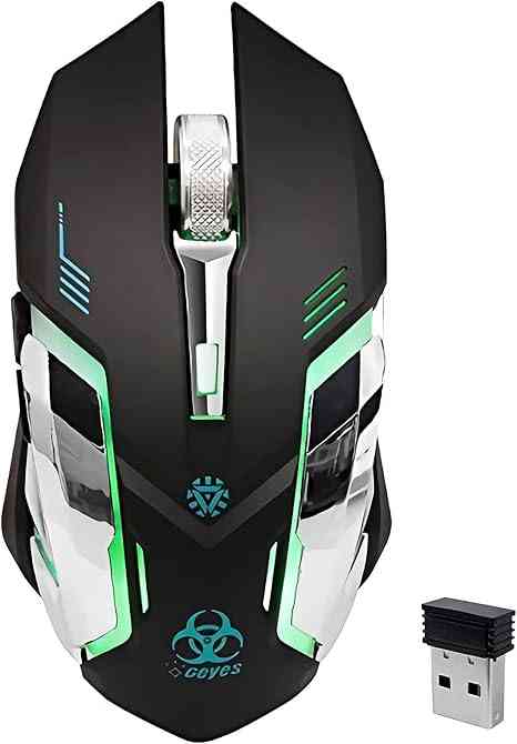 gaming mouse with RGB lighting and wireless USB receiver