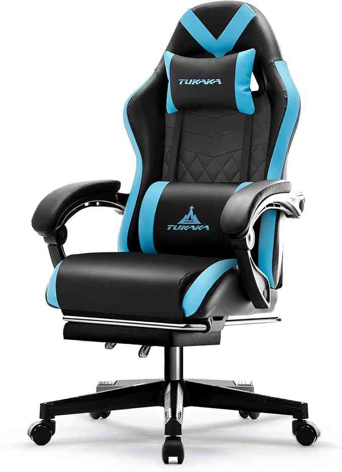 Black and blue ergonomic gaming chair with lumbar support and adjustable headrest