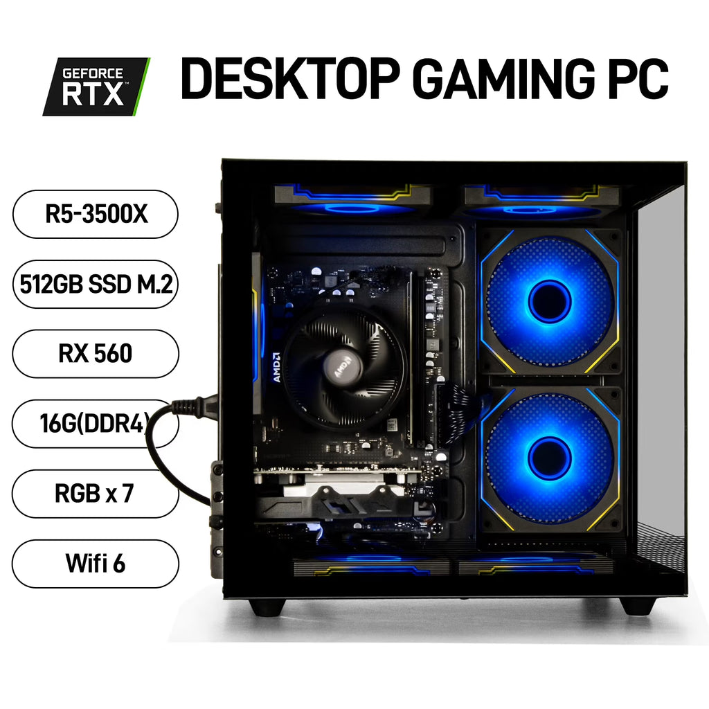 Gaming Desktop PC, AMD Ryzen 5 3500X, 16GB RAM, 512GB SSD, RX560 4G, Wifi6,Black
