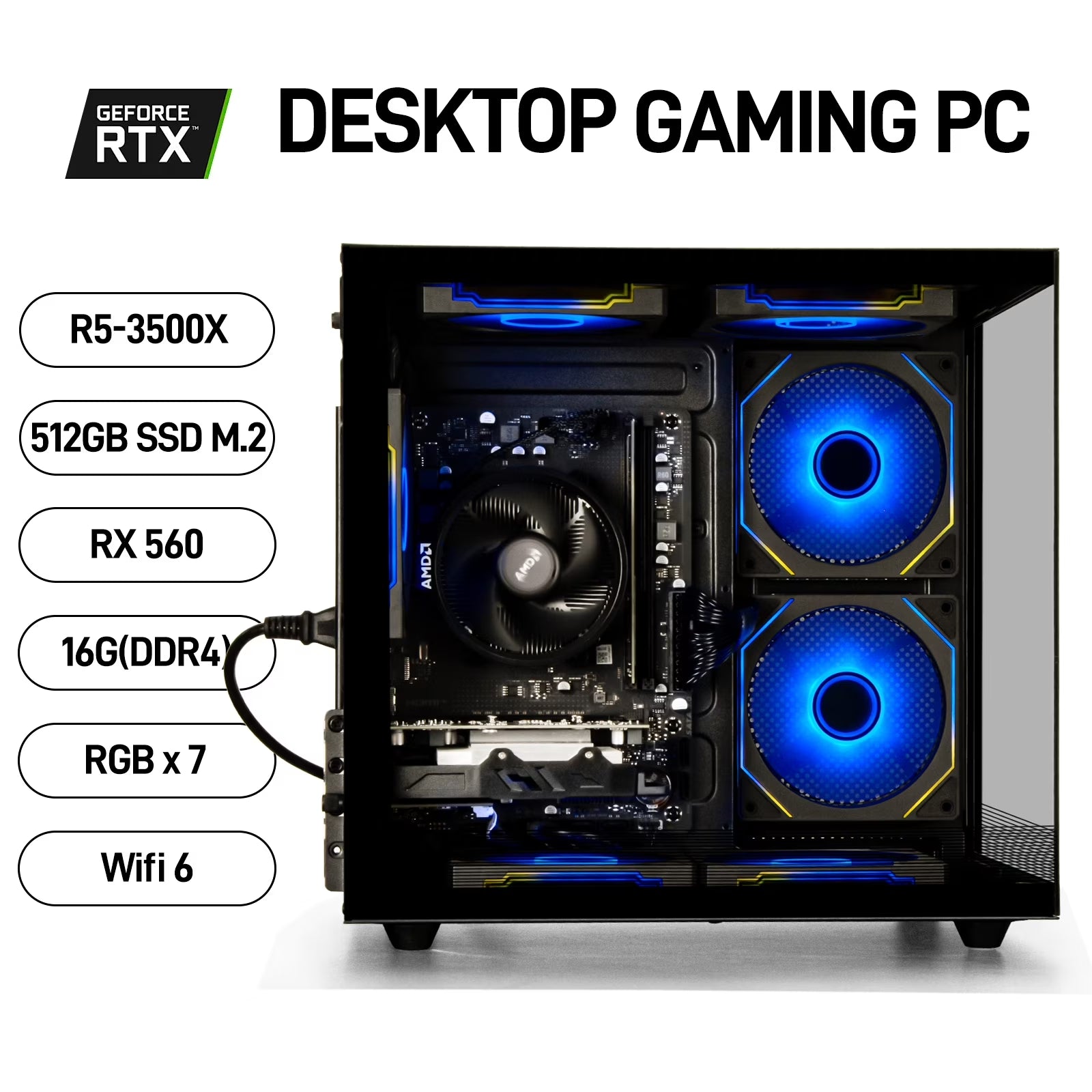 Gaming Desktop PC, AMD Ryzen 5 3500X, 16GB RAM, 512GB SSD, RX560 4G, Wifi6,Black